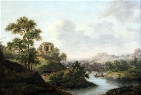 19th century English School Valley with ruins and boatmen, 17 x 25in.